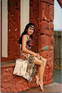 Maori Girl and Meeting House Carving Rotorua New Zealand Postcard