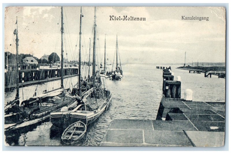 1910 Sailboats Landing River Kiel-Holtenau Kanaleingang Germany Postcard