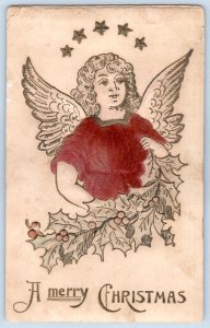 1909 MERRY CHRISTMAS ANGEL FLOCKED DRESS BODICE STARS HOLLY ANTIQUE POSTCARD