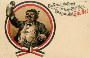 c1907 Postcard German Man & Beer Stein Drinking Song Prosit Eins Zwei G'suffa!