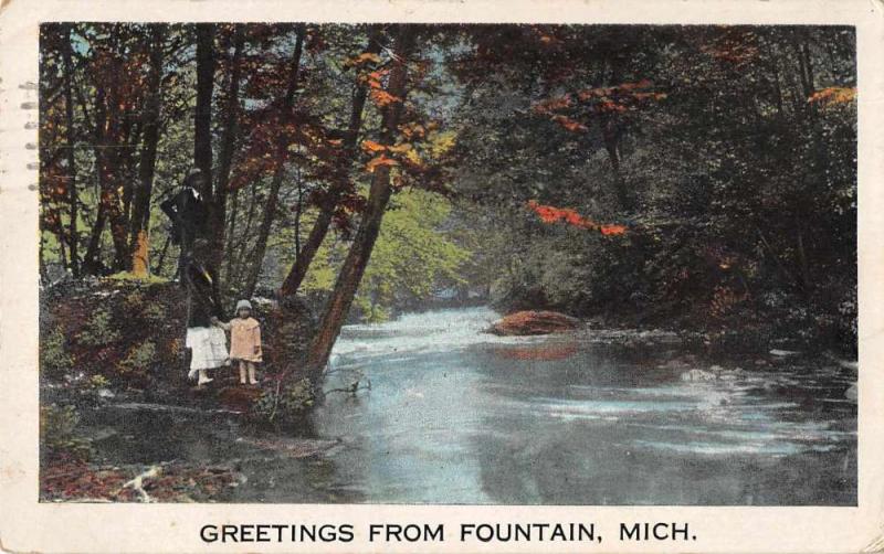 Fountain Michigan Greetings From children by river antique pc Z40362