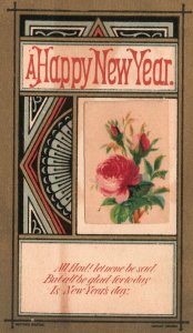 1880s-90s A Happy New Year Pink Rose Flower Trade Card