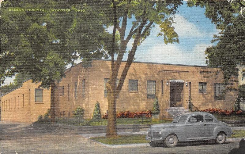 Wooster Ohio~Beeson Hospital~Classic Car Parked in Front~1940s Linen Postcard