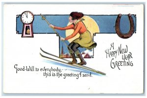 c1930's New Year Greeting Horseshoe Woman Skiing Ringing Clock Vintage Postcard