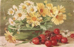 Dausy flowers in vase. cherries  Old vintage German picture postcard