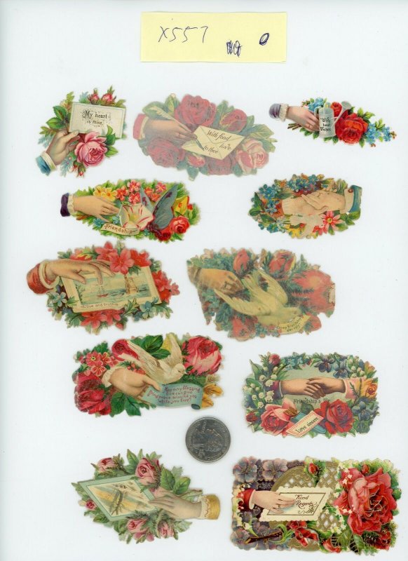 Década de 1880 encantadora Victoriano Flores de mano lote de 11 X557 chatarra Victoriano Die Cut 