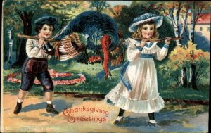 Thanksgiving Children Bring Home Dead Turkey Hunting c1910 Vintage Postcard