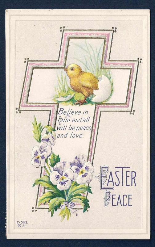 Easter Peace Chick Egg Pansies & Cross used c1913