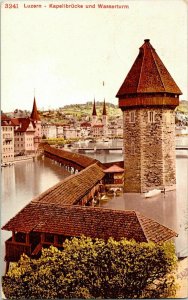 Luzern Kapelibrucke Wasserturm Postcard Carte Postale WOB Note Vintage Fil Vtg 