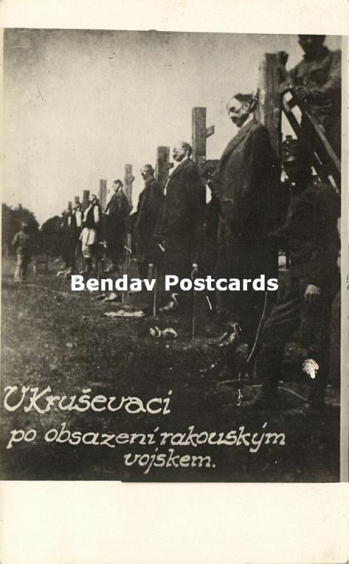 serbia, Austria-Hungarian Soldiers Executing Serbs by Hanging 1914 WWI RPPC (1)