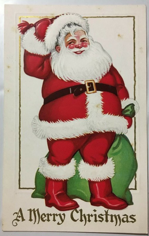 A Merry Christmas Santa Postcard Sack of Toys Red Boots