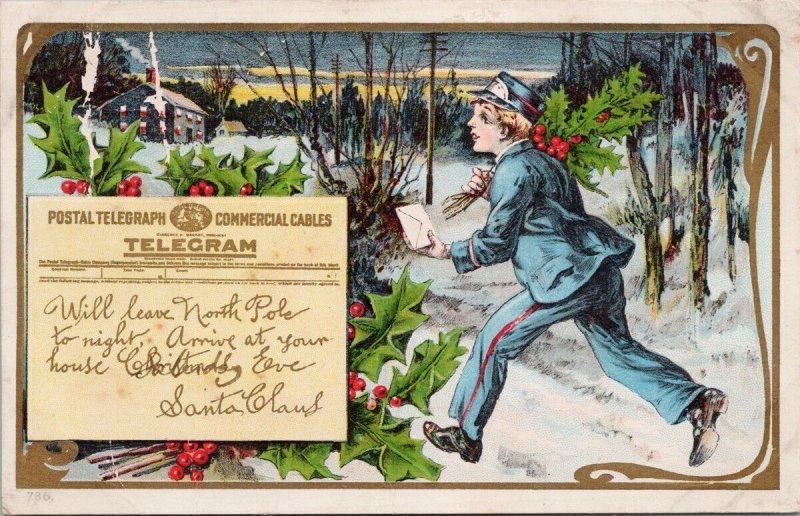 Telegram Christmas from Santa Claus North Pole Xmas Embossed Postcard H54