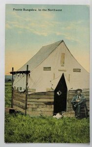 Prairie Bungalow in the Northwest US Man Dog Drying Rack Postcard S20