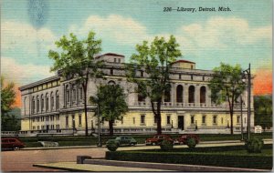 Vintage 1930's Library Building Old Cars Detroit Michigan MI Postcard