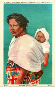 Vintage Linen Postcard Cherokee Mother Carrying Baby Western North Carolina