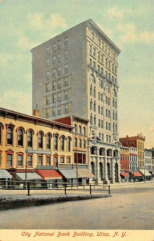 UTICA NY~CITY NATIONAL BANK BUILDING-STOREFRONTS~1910 SCOTIA PSMK POSTCARD