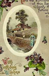 Vintage Birthday Postcard c. 1910 Floral Women Collecting Flowers by River