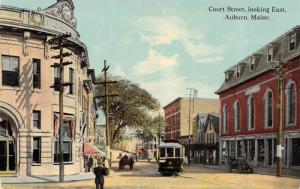 AUBURN, ME Maine   COURT STREET SCENE~Looking East  TROLLEY  c1910's Postcard
