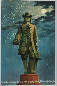 PA Wm Penn Statue on Tower of City Hall Night Skies Philadelphia Postcard R20