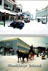 2~4X6 Postcards Mackinac Island, MI Michigan WINTER~SNOWMOBILES & HORSE/SLEIGH