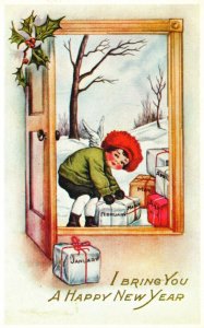 Vintage Postcard Happy New Year Little Angel In The Window Bringing Monthly Gift