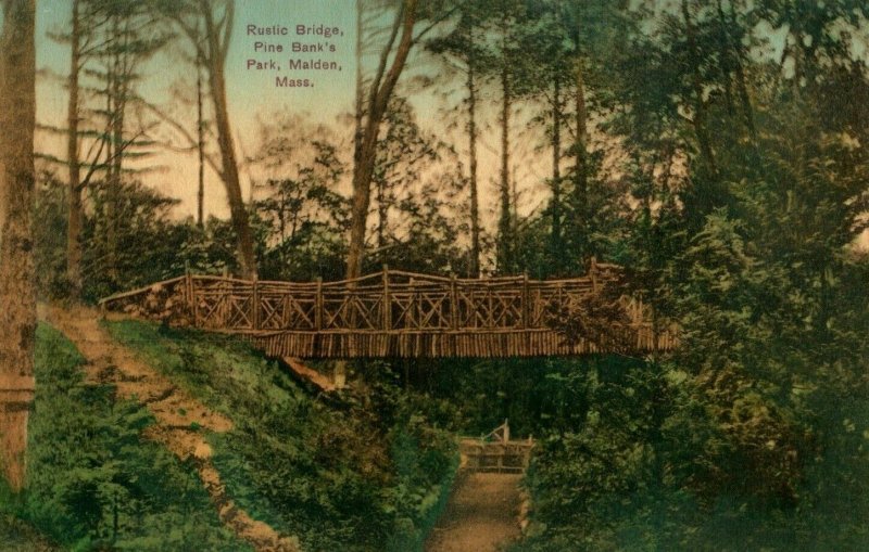 C.1910 Rustic Bridge, Pine Bank's Park, Malden, Mass. Hand Tinted Postcard P175 