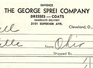 1938 THE GEORGE SPREI COMPANY CLEVELAND OH DRESSES COATS BILLHEAD INVOICE Z3520