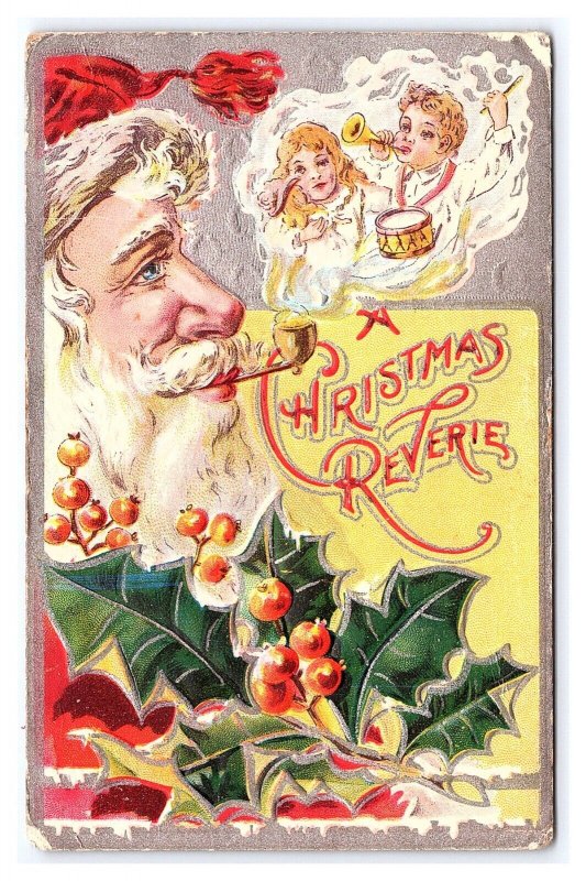 Santa Claus Smoking Pipe A Christmas Reverie c1909 Embossed Postcard Children