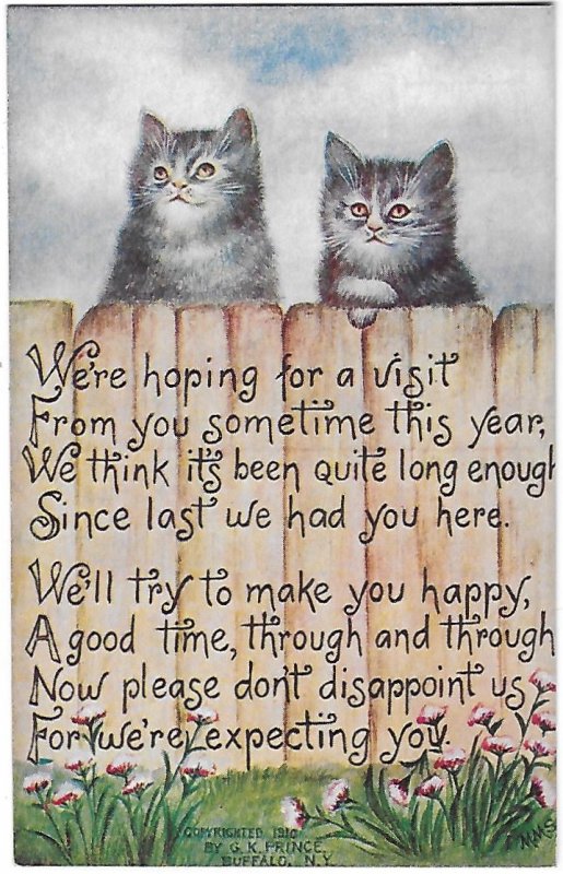 Two Adorable Cats With a We Are Hoping for a Visit Poem 1910
