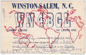 QSL Radio Postcard , Winston-Salem , North Carolina , PU-1965