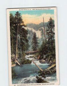 Postcard Picturesque Falls And Old Bridge Spearfish Canyon Black Hills SD USA