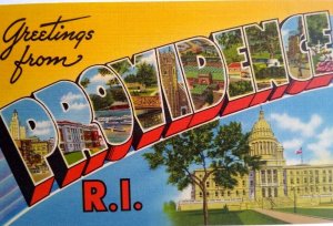 Greetings From Providence Rhode Island Large Big Letter Postcard Linen Unused RI