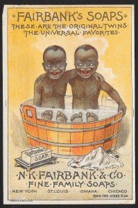 VICTORIAN TRADE CARD Fairbanks Soap Fairbank Twins in Wash Bucket