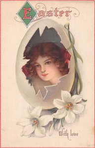 Easter Greetings Lady's Face in Cracked Egg White Lilies Postcard AA50583