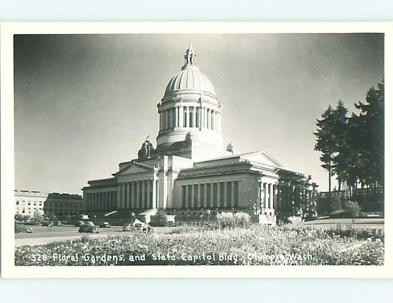 Pre-1950 rppc OLD CARS & FLOWER GARDENS AT STATE CAPITOL Olympia WA t2588