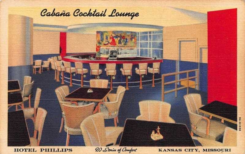 Cabana Cocktail Lounge, Hotel Phillips, Kansas City, MO, Early Postcard, Unused