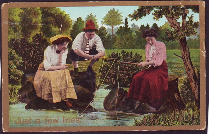 P1528 old unused postcard pretty ladies fishing just a few lines