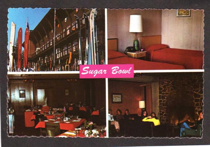 CA Sugar Bowl Ski Lodge Norden California Postcard Skiing Interior Room