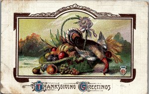 c1910 THANKSGIVING GREETINGS DEAD TURKEY FRUIT PATRIOTIC EMBOSSED POSTCARD 34-59