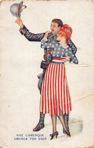 J74/ Patriotic Postcard c1910 America Forever Flag Dress Sager Signed 156