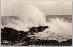 Pemaquid Point Maine 1930s RPPC Real Photo Postcard Waves Crashing Into Rocks