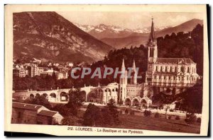 Old Postcard Lourdes Basilica and the Pyrenees