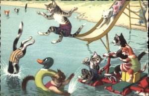 Fantasy Dressed Animals Cats Swimming Slide Float Mainzer Vintage Postcard