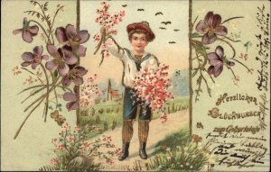 Birthday Little Boy Flowers Embossed Herzlichen Gluckwunsch c1910 Postcard