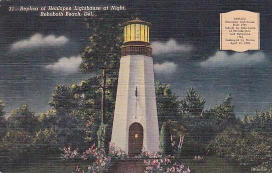 Replica Of Henlopen Lighthouse At Night Rehoboth Beach Delaware 1952 Curteich