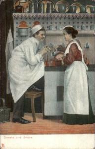 Tuck Humorous Series 6099 Couple at Kitchen Stove Sweets & Sauce Postcard