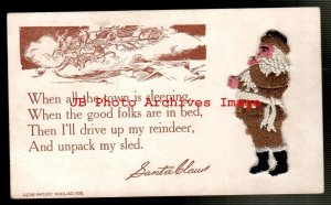 Novelty Postcard, Christmas, Attached Embroidered Brown Suit Santa