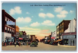 Spartanburg South Carolina Postcard Main Street Looking West Road c1940 Vintage