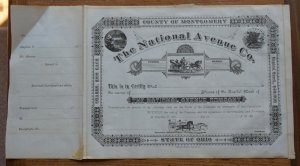 U.S. County of Montgomery, Ohio, The National Avenue Co. share certificate. 188-