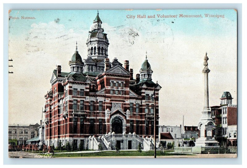 1906 City Hall and Volunteer Monument, Winnipeg Canada Posted Postcard 